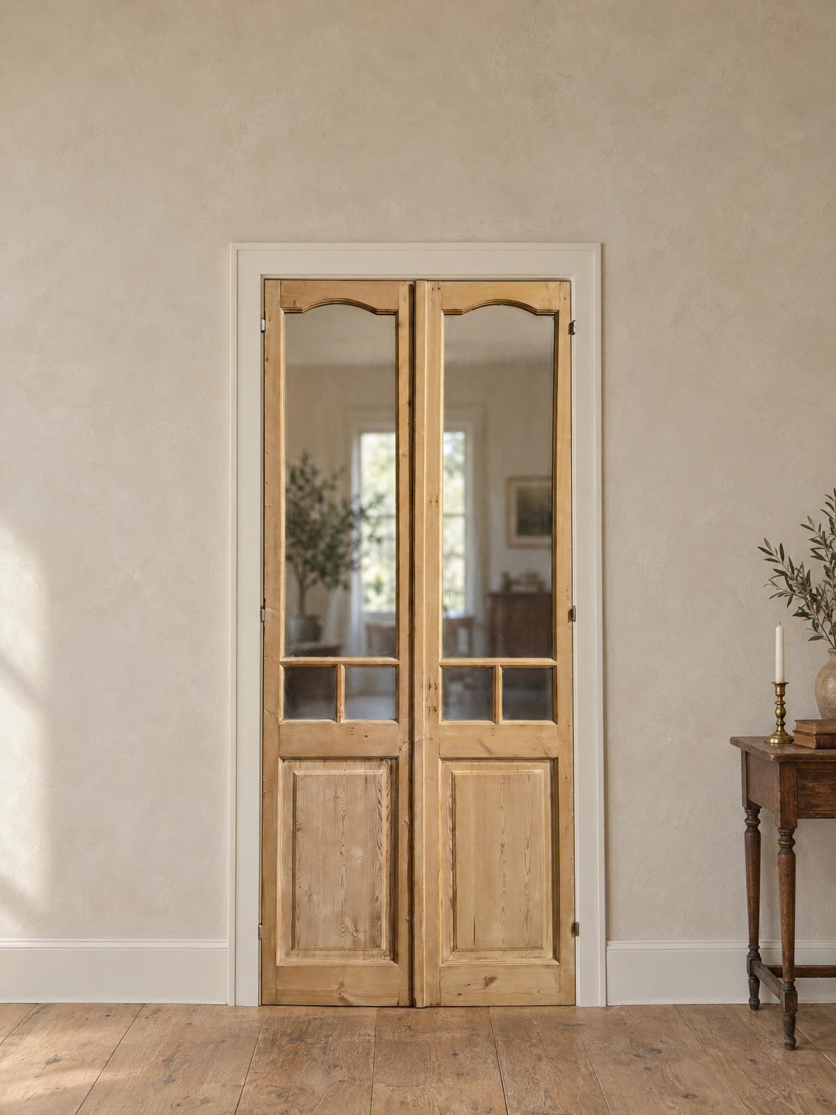 Antique Arched Clear Glass French Doors - 43.5x102.5 - N792 shown installed in a room (digital preview)