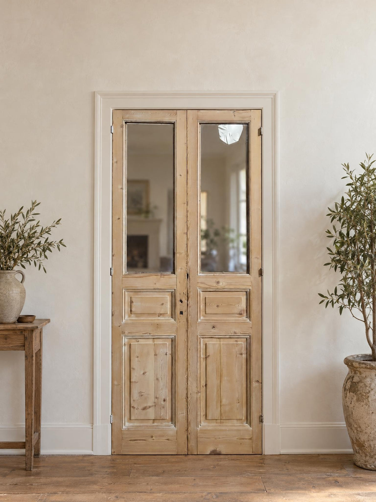 Antique Raised Panel Glass French Doors - 44x100.5 - N796 shown installed in a room (digital preview)