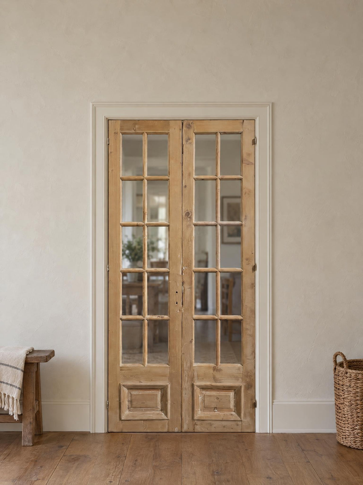Antique Raised Panel Glass French Doors - 43.5x92.5 - N798 shown installed in a room (digital preview)