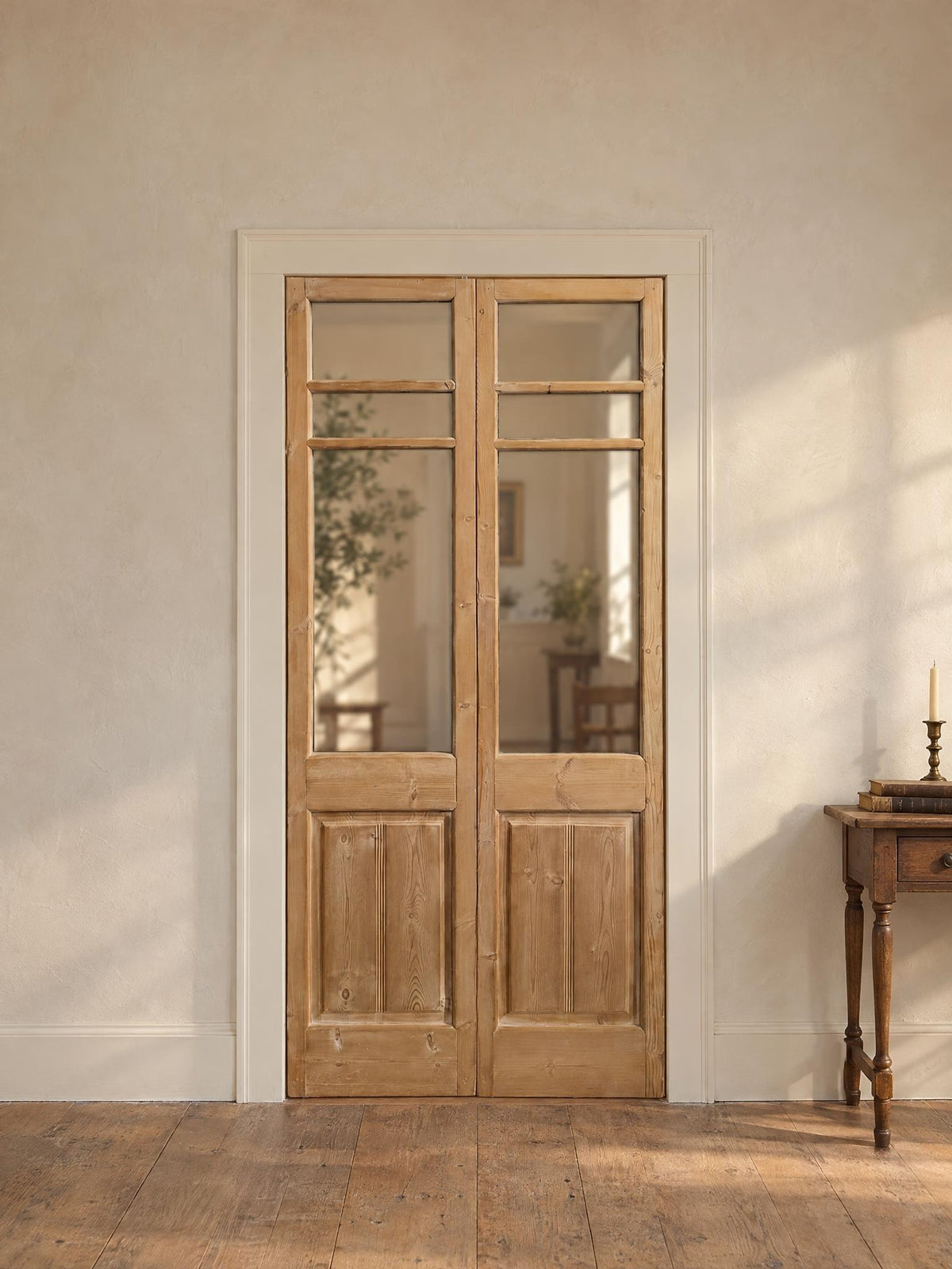 Antique Clear Glass Raised Panel French Doors - 39x84 - N800 shown installed in a room (digital preview)