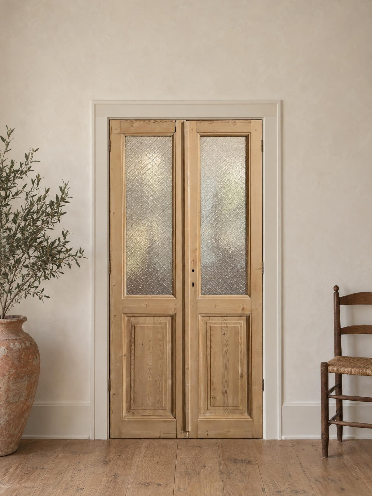 Antique Raised Panel Textured Glass French Doors - 41x88.5 - N801 shown installed in a room (digital preview)