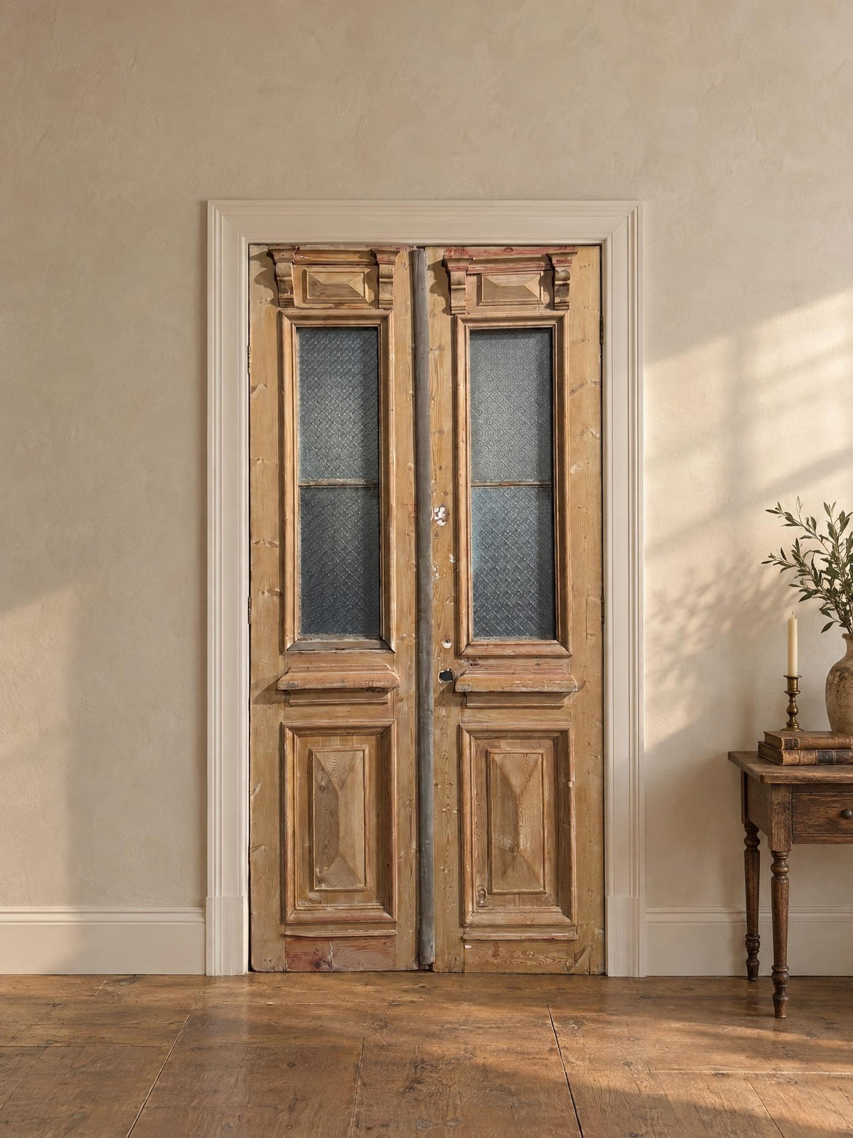 Antique Architectural Textured Glass French Doors - 44x89 - N809 shown installed in a room (digital preview)