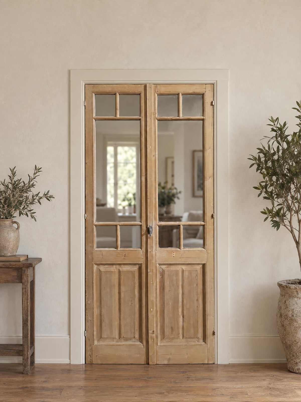 Antique Paneled Clear Glass French Doors - 43x95 - N811 shown installed in a room (digital preview)
