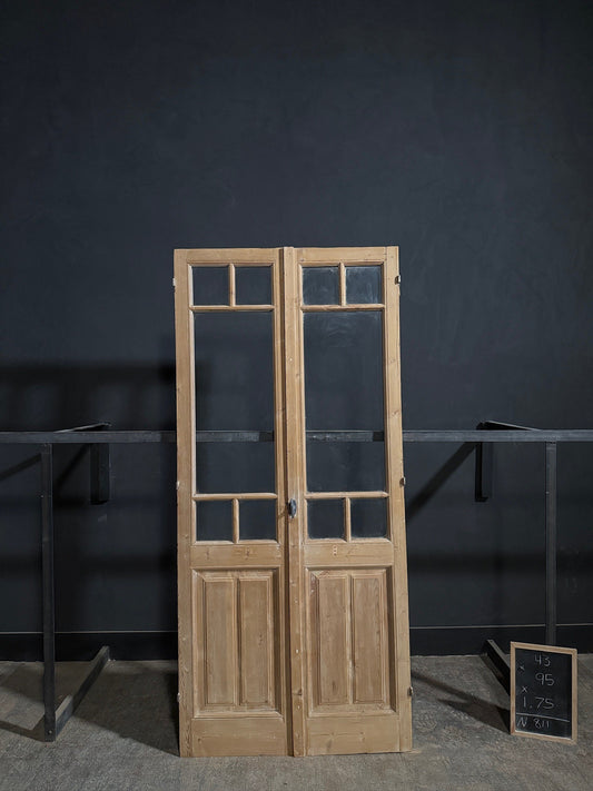 Antique Paneled Clear Glass French Doors - 43x95 - N811