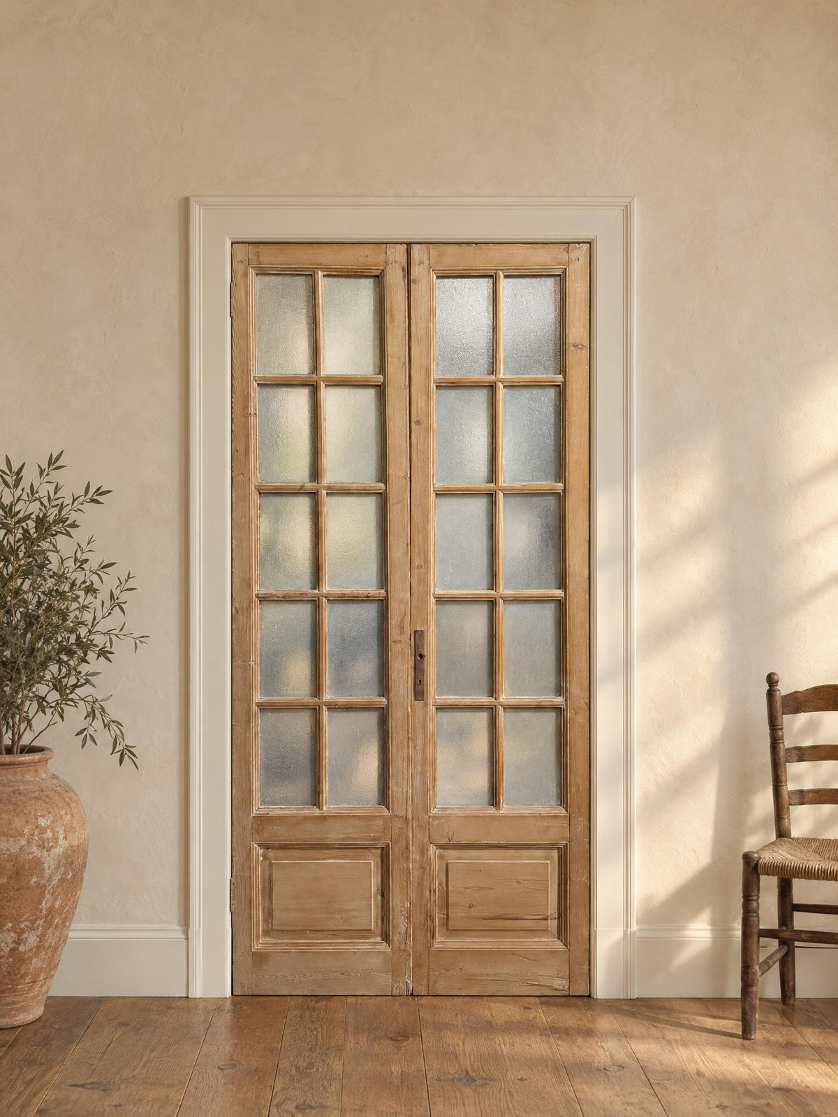 Antique Textured Glass Raised Panel French Doors - 45x94 - N812 shown installed in a room (digital preview)