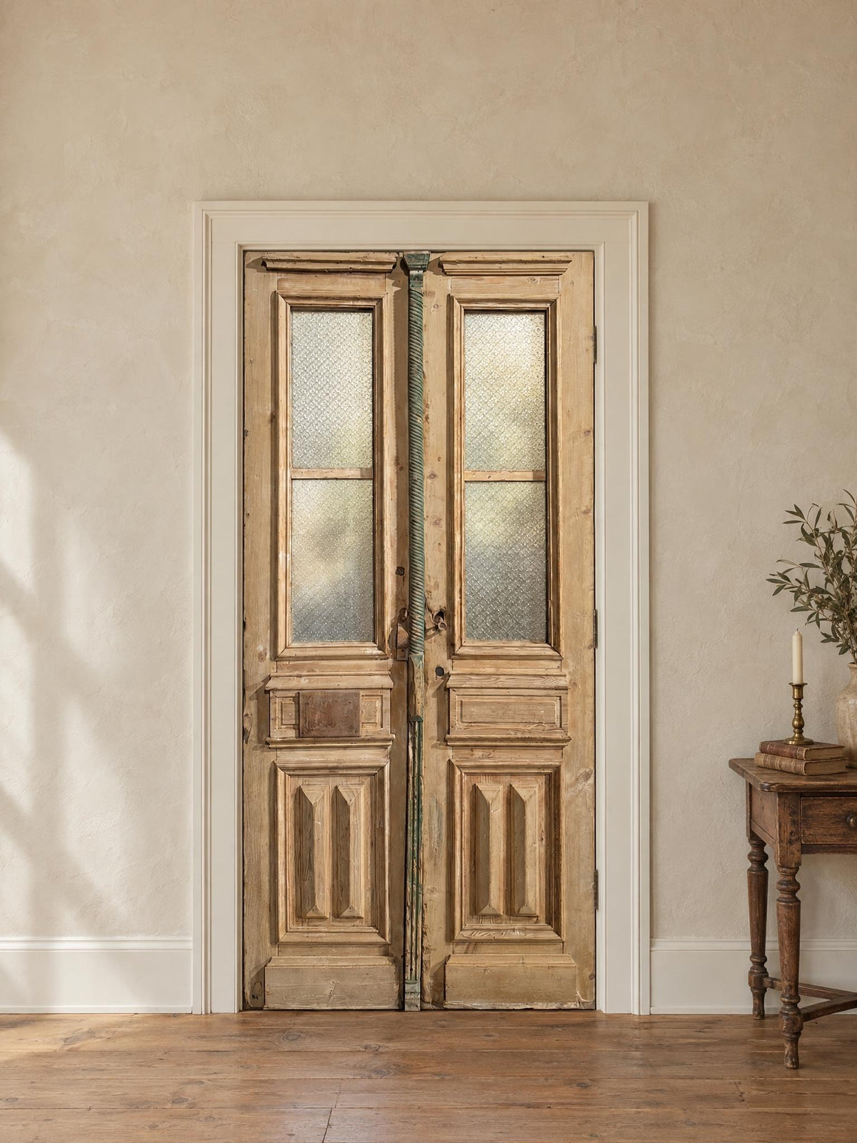 Antique Architectural Textured Glass Double Doors - 44x94 - N818 shown installed in a room (digital preview)