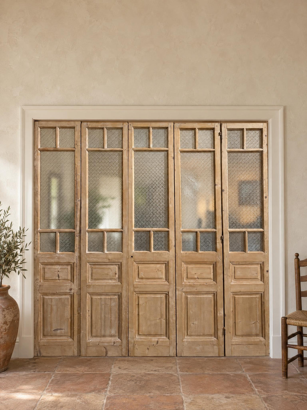 Antique Textured Glass Raised Panel French Doors - 93.5x96.5 - N819 shown installed in a room (digital preview)