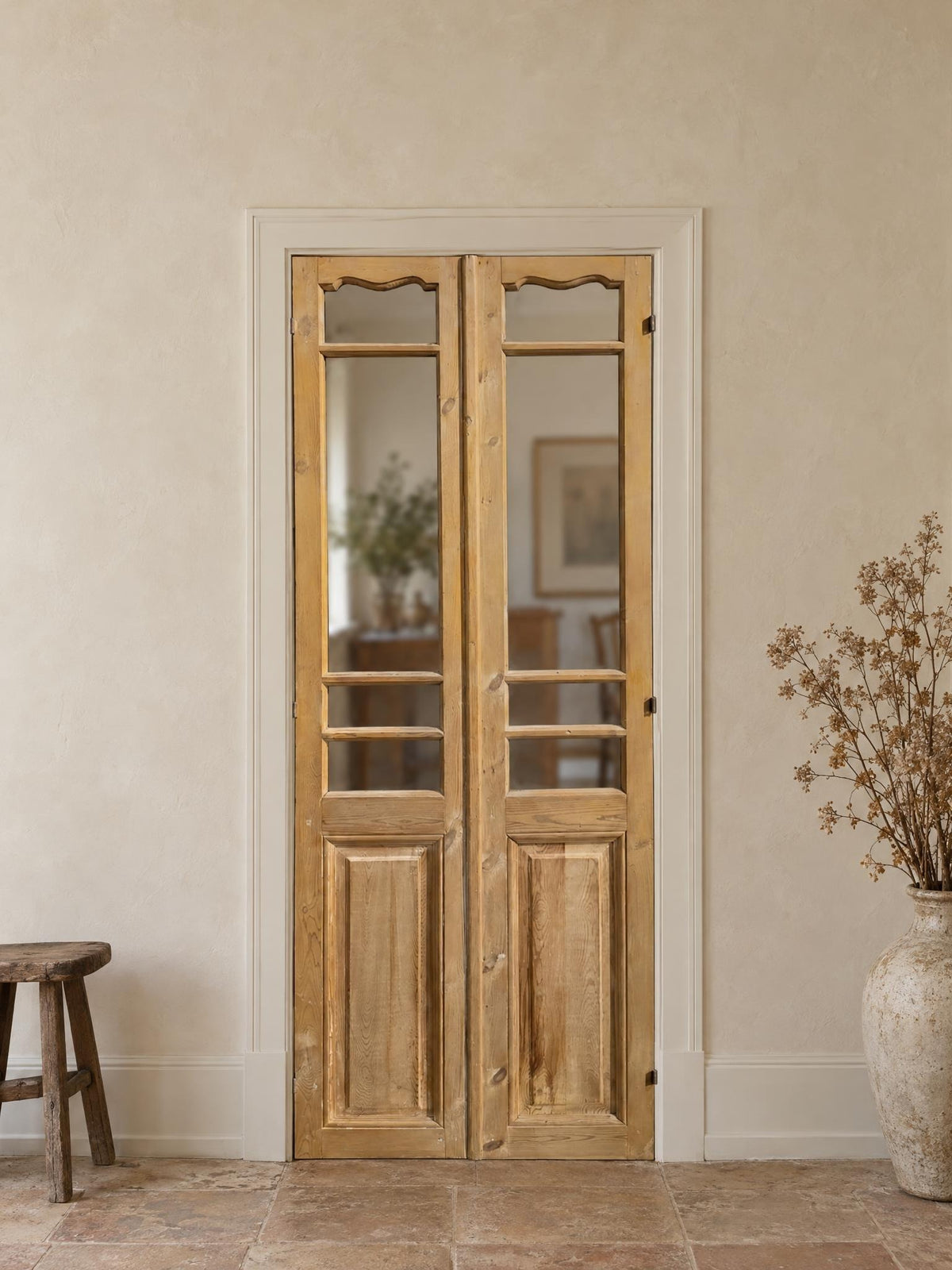 Antique Clear Glass Raised Panel French Doors - 32.5x84.75 - N830 shown installed in a room (digital preview)