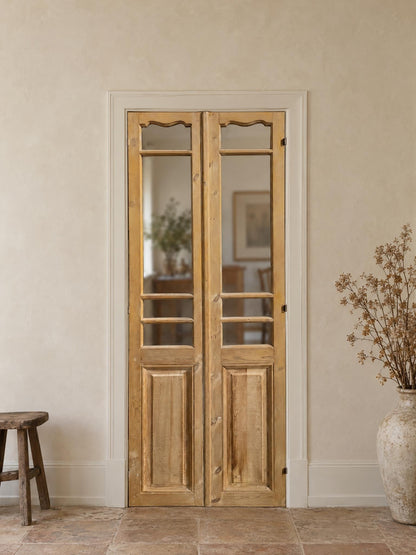 Antique Clear Glass Raised Panel French Doors - 32.5x84.75 - N830 shown installed in a room (digital preview)
