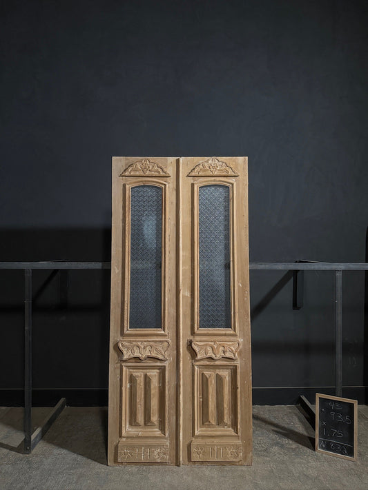 Antique Carved Architectural Textured Glass French Doors - 43x93.5 - N832