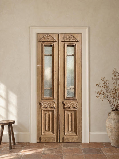 Antique Carved Architectural Textured Glass Double Doors - 36.5x93.5 - N834 shown installed in a room (digital preview)