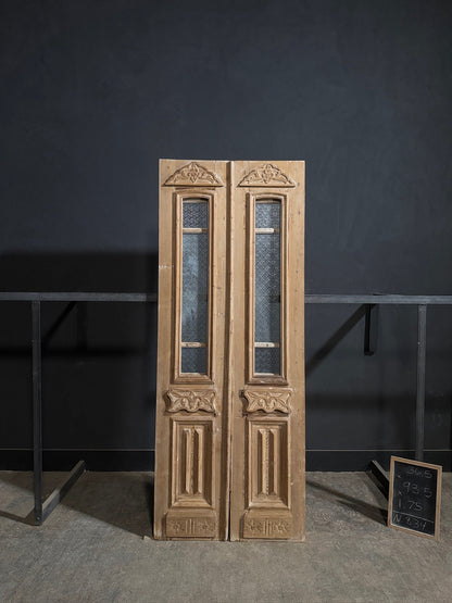Antique Carved Architectural Textured Glass Double Doors - 36.5x93.5 - N834