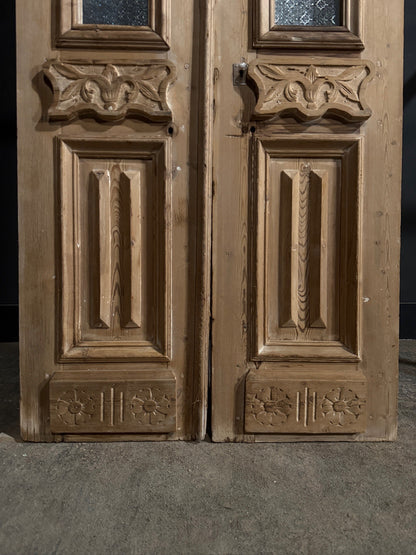 Antique Carved Architectural Textured Glass Double Doors - 36.5x93.5 - N834
