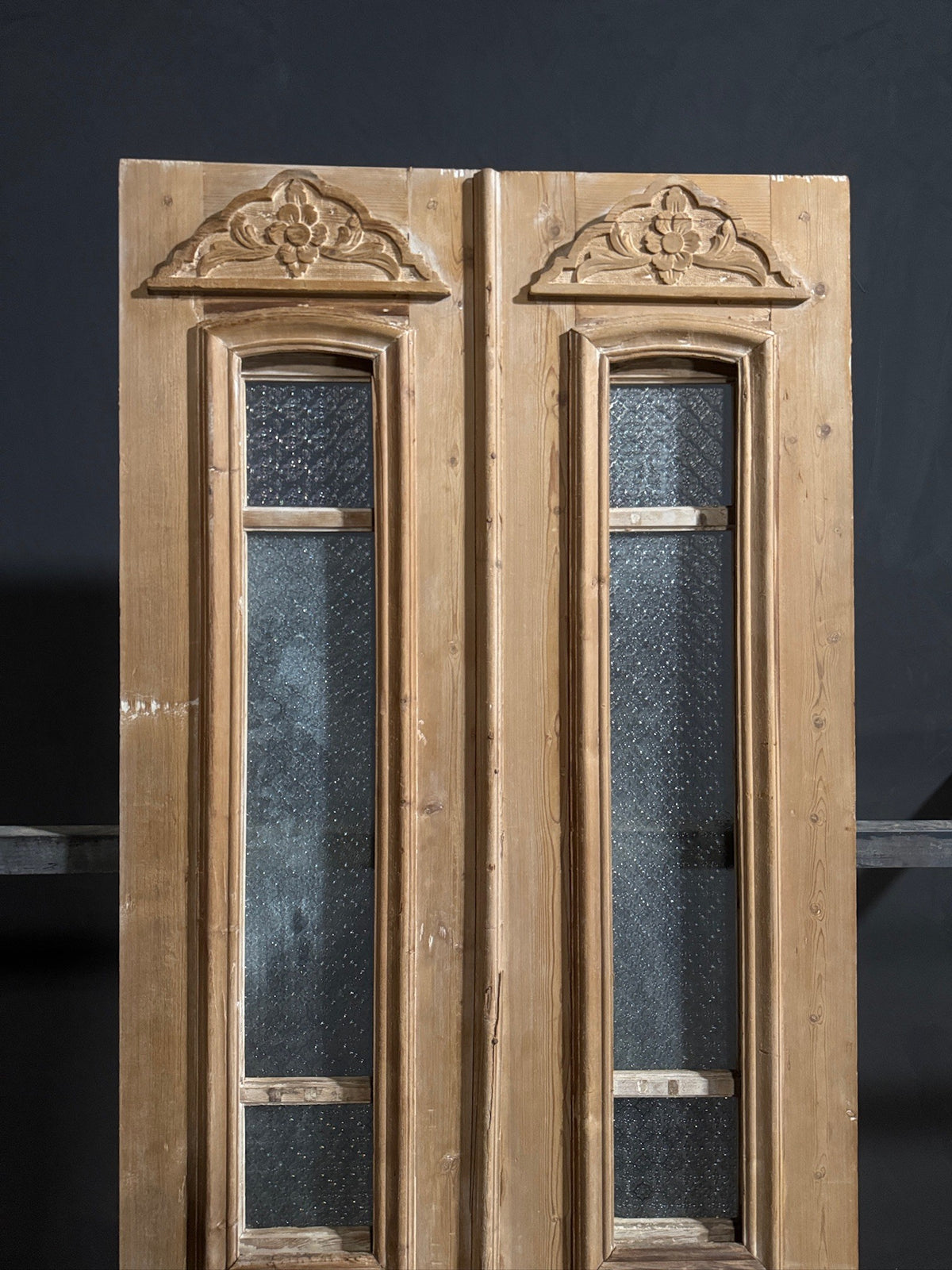 Antique Carved Architectural Textured Glass Double Doors - 36.5x93.5 - N834