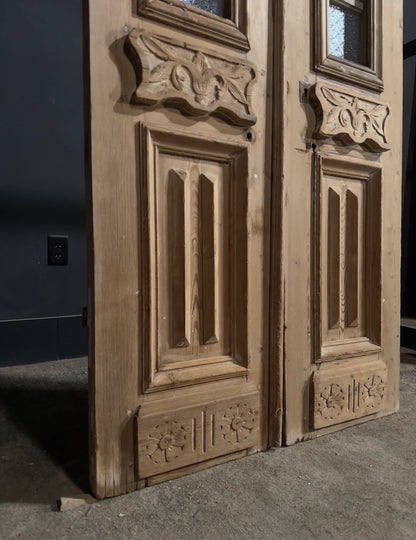 Antique Carved Architectural Textured Glass Double Doors - 36.5x93.5 - N834