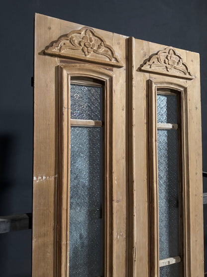 Antique Carved Architectural Textured Glass Double Doors - 36.5x93.5 - N834