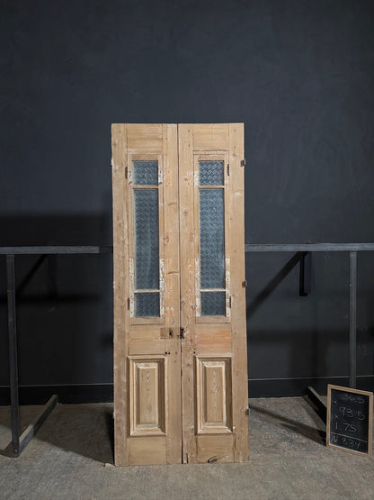 Antique Carved Architectural Textured Glass Double Doors - 36.5x93.5 - N834