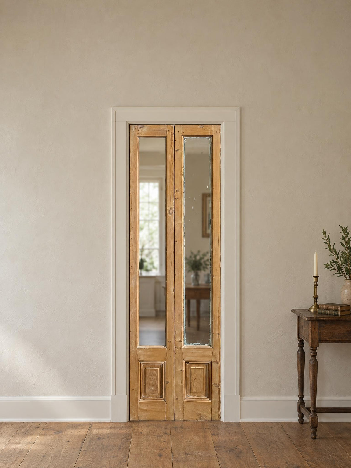 Antique Clear Glass Raised Panel French Doors - 26.5x87 - N840 shown installed in a room (digital preview)