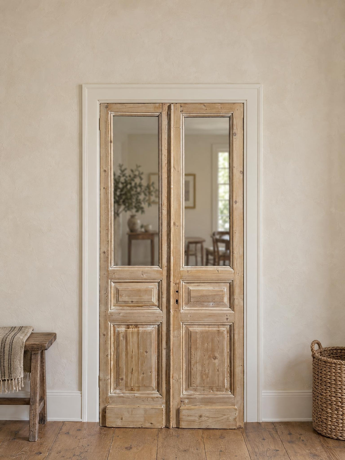 Antique Clear Glass Raised Panel French Doors - 45.5x102 - N843 shown installed in a room (digital preview)
