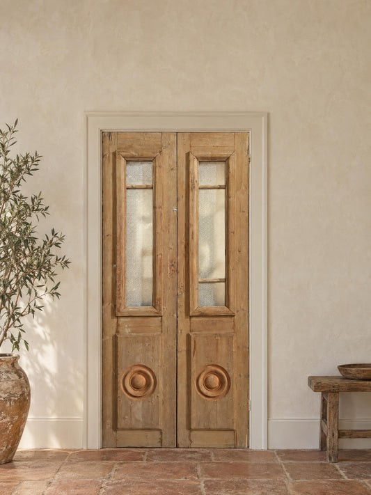 Antique Raised Panel Glass Double Doors - 43x96 - N844 shown installed in a room (digital preview)