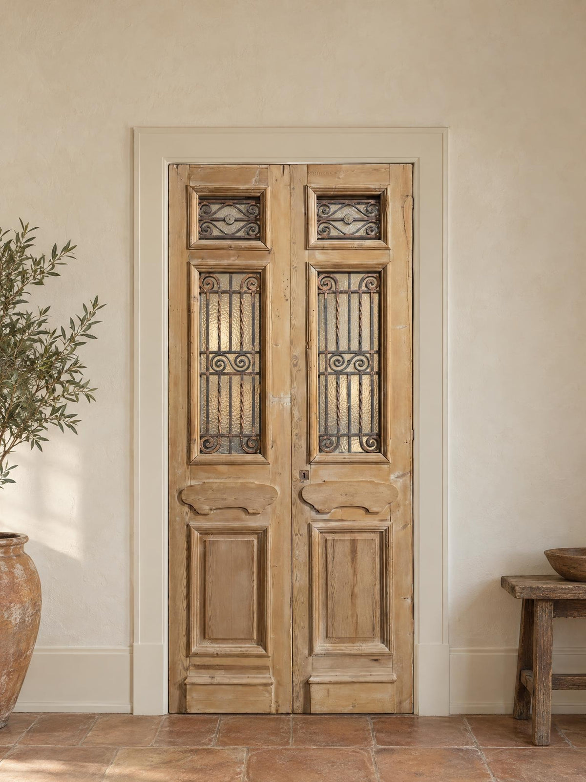 Antique Scrolled Iron Textured Glass Double Doors - 44x100 - N850 shown installed in a room (digital preview)