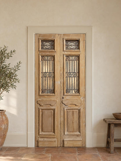Antique Scrolled Iron Textured Glass Double Doors - 44x100 - N850 shown installed in a room (digital preview)