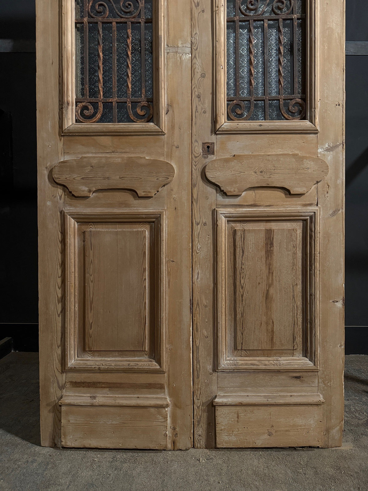 Antique Scrolled Iron Textured Glass Double Doors - 44x100 - N850