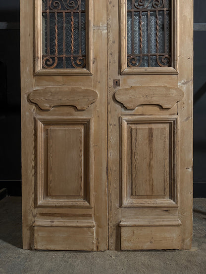 Antique Scrolled Iron Textured Glass Double Doors - 44x100 - N850