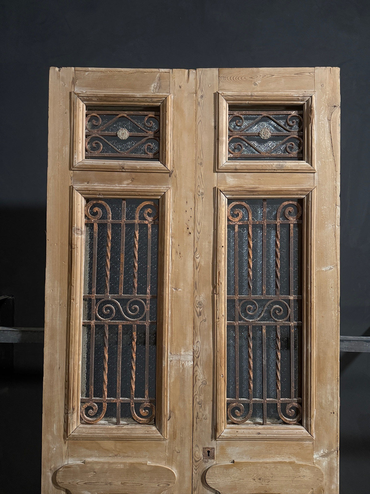 Antique Scrolled Iron Textured Glass Double Doors - 44x100 - N850