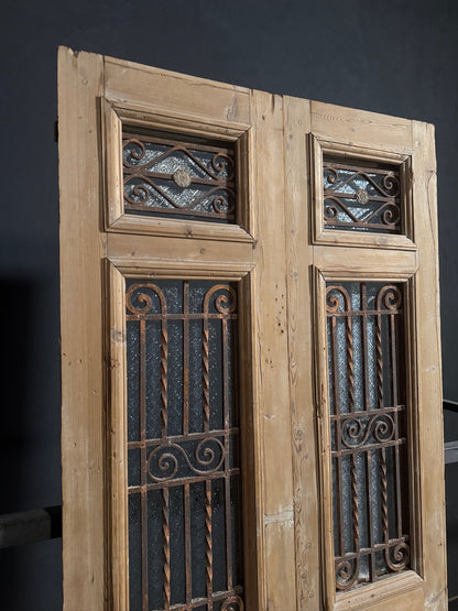 Antique Scrolled Iron Textured Glass Double Doors - 44x100 - N850