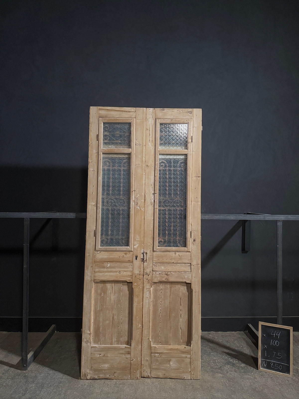 Antique Scrolled Iron Textured Glass Double Doors - 44x100 - N850