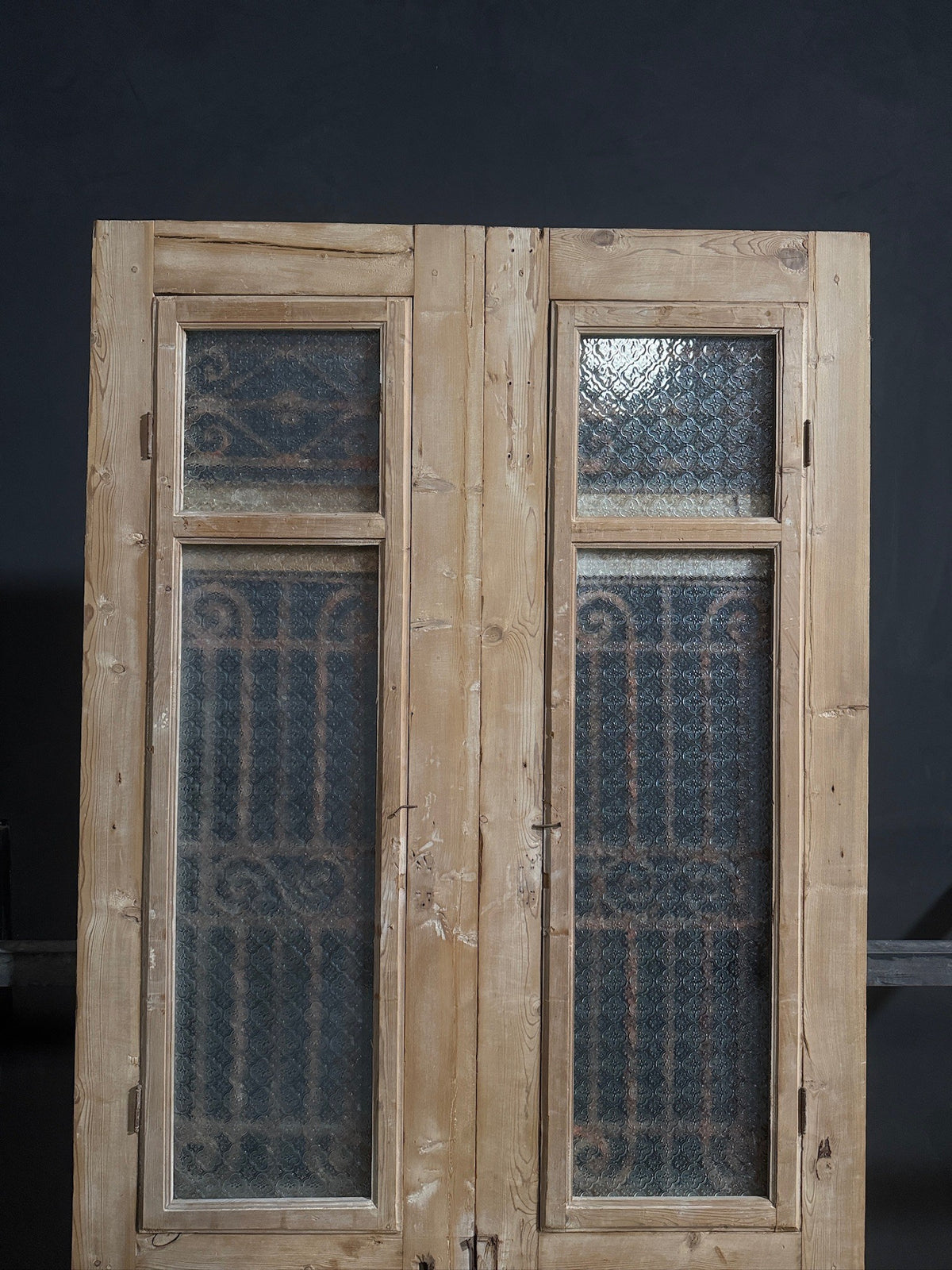 Antique Scrolled Iron Textured Glass Double Doors - 44x100 - N850
