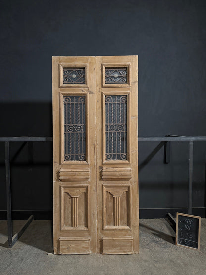 Antique Scrolled Iron Textured Glass Double Doors - 44x101 - N851