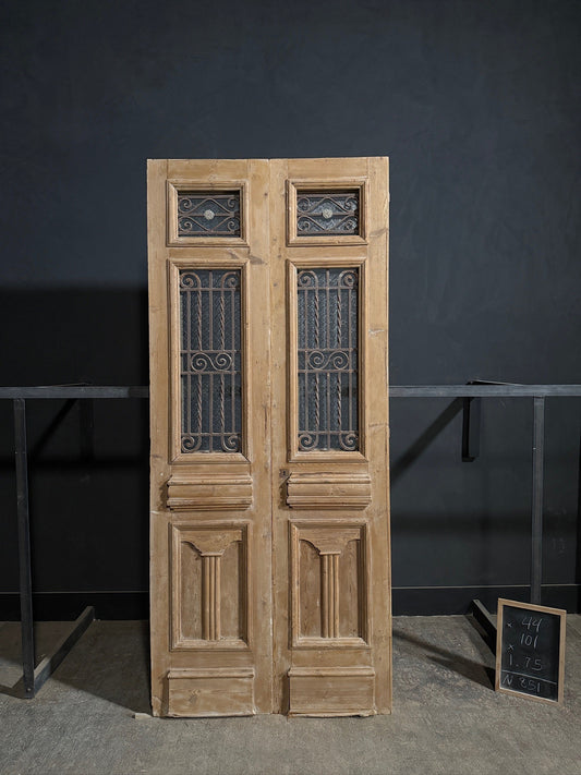 Antique Scrolled Iron Textured Glass Double Doors - 44x101 - N851