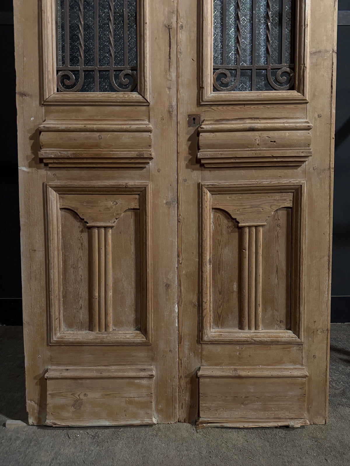 Antique Scrolled Iron Textured Glass Double Doors - 44x101 - N851