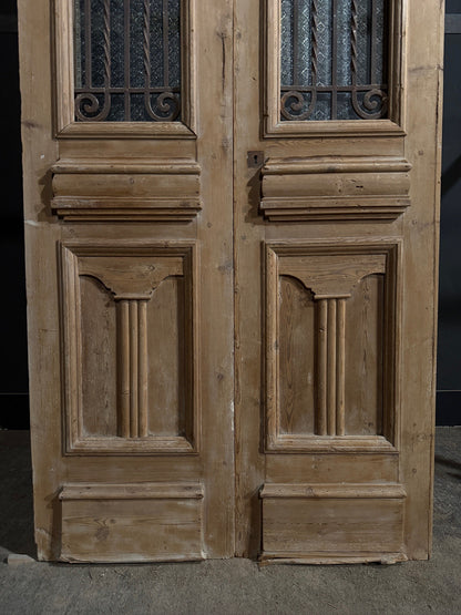 Antique Scrolled Iron Textured Glass Double Doors - 44x101 - N851