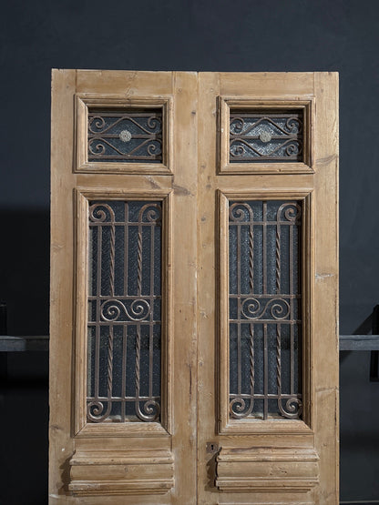 Antique Scrolled Iron Textured Glass Double Doors - 44x101 - N851