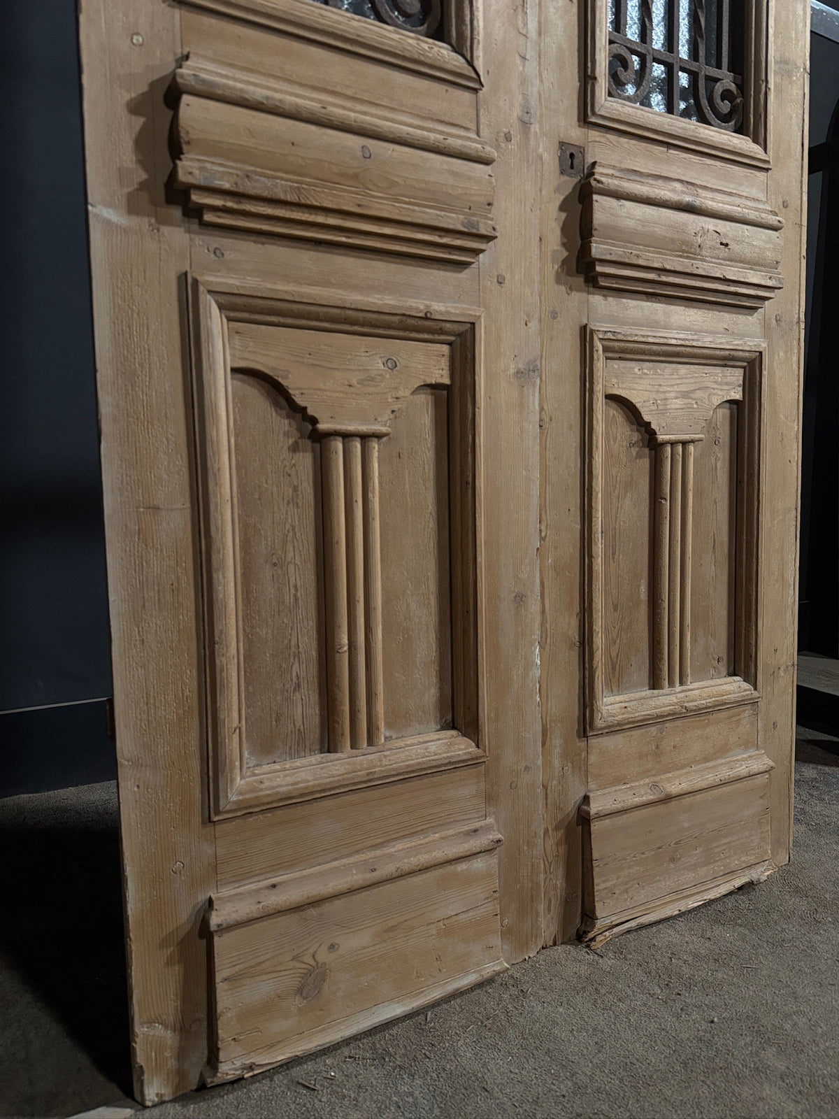 Antique Scrolled Iron Textured Glass Double Doors - 44x101 - N851