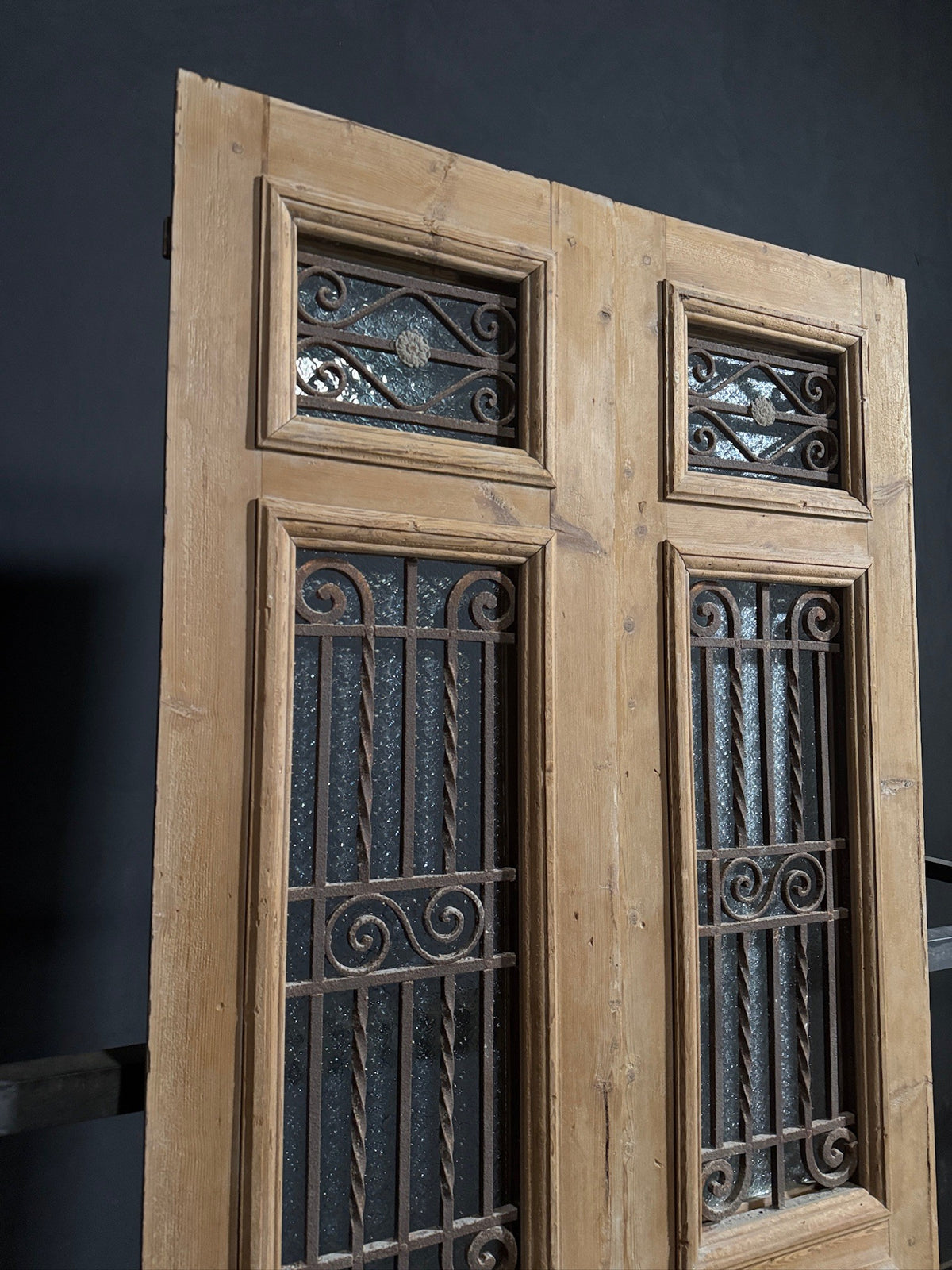 Antique Scrolled Iron Textured Glass Double Doors - 44x101 - N851