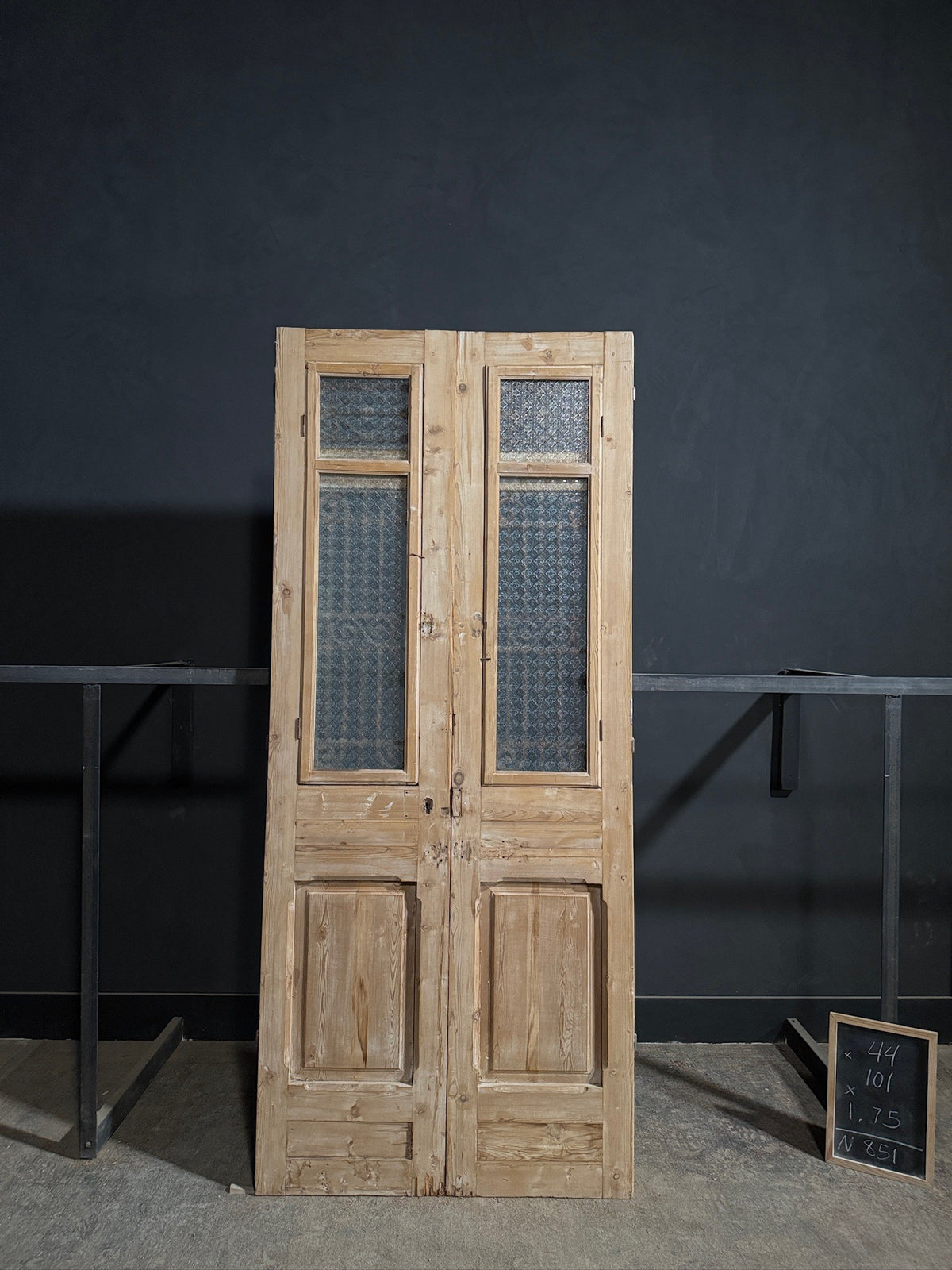 Antique Scrolled Iron Textured Glass Double Doors - 44x101 - N851
