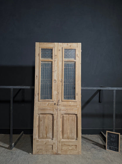 Antique Scrolled Iron Textured Glass Double Doors - 44x101 - N851