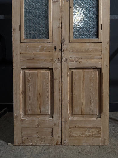 Antique Scrolled Iron Textured Glass Double Doors - 44x101 - N851