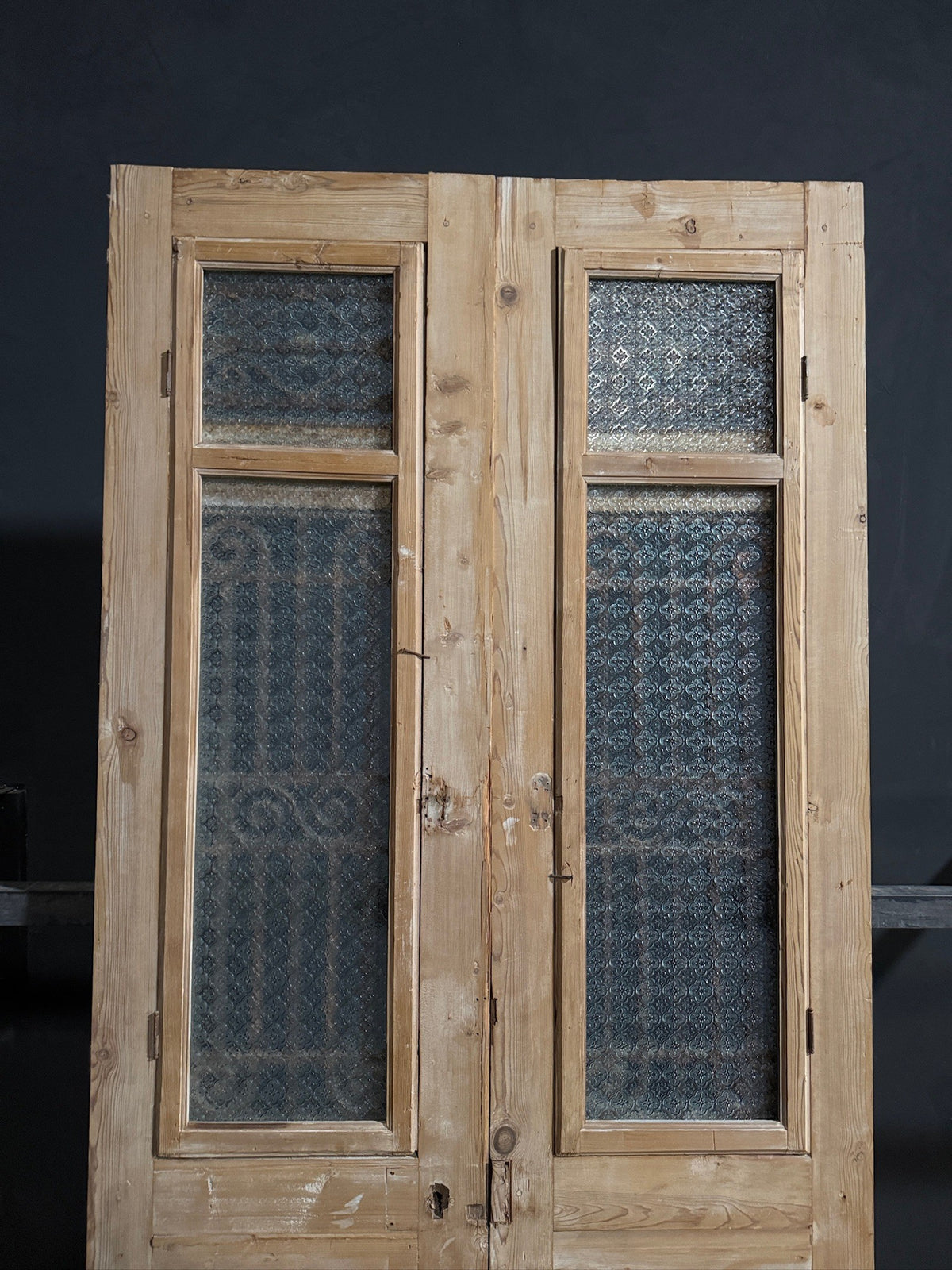 Antique Scrolled Iron Textured Glass Double Doors - 44x101 - N851