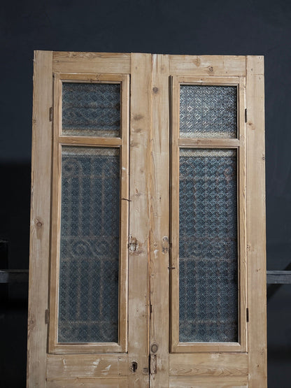 Antique Scrolled Iron Textured Glass Double Doors - 44x101 - N851