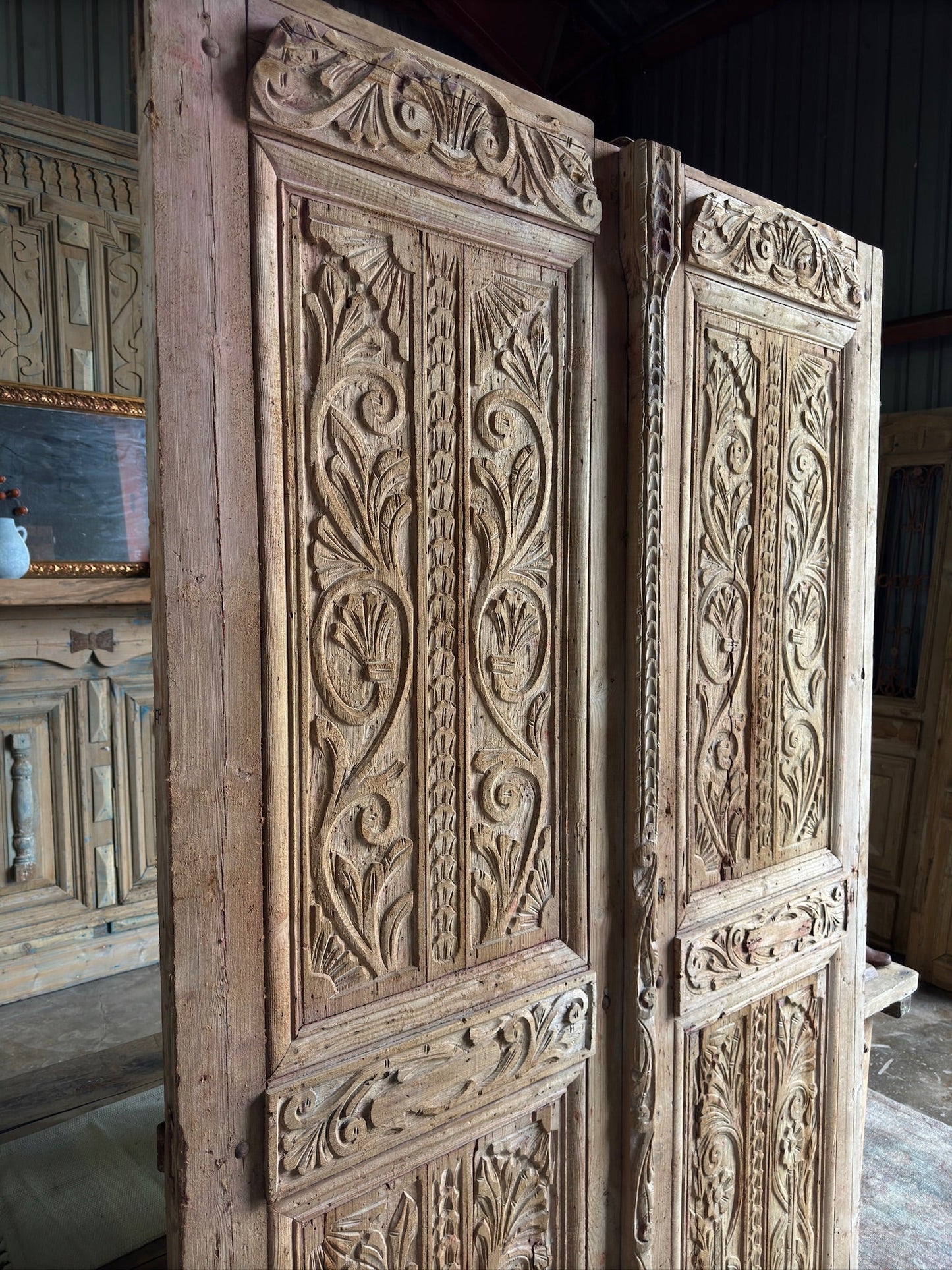 Ornate Hand Carved French Colonial Doors - 56.25x92 F19 - Magnolia Antique Door Co.